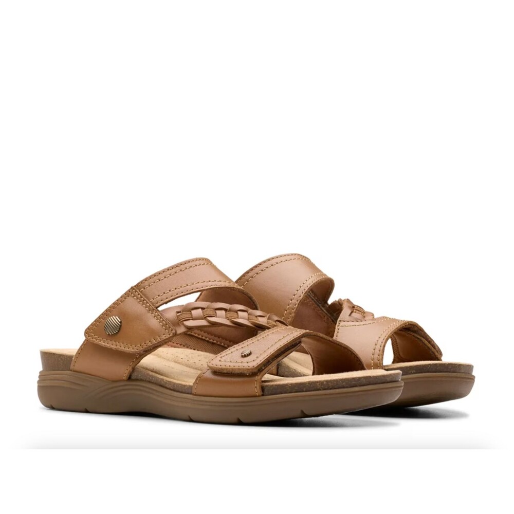 Clarks April Raelyn Slide Leather Sandals for Women 7M New with Box Tan Leather